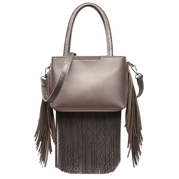 Pewter Solid Fringe Medium Satchel Handbag  for Women - Picture 2 of 2